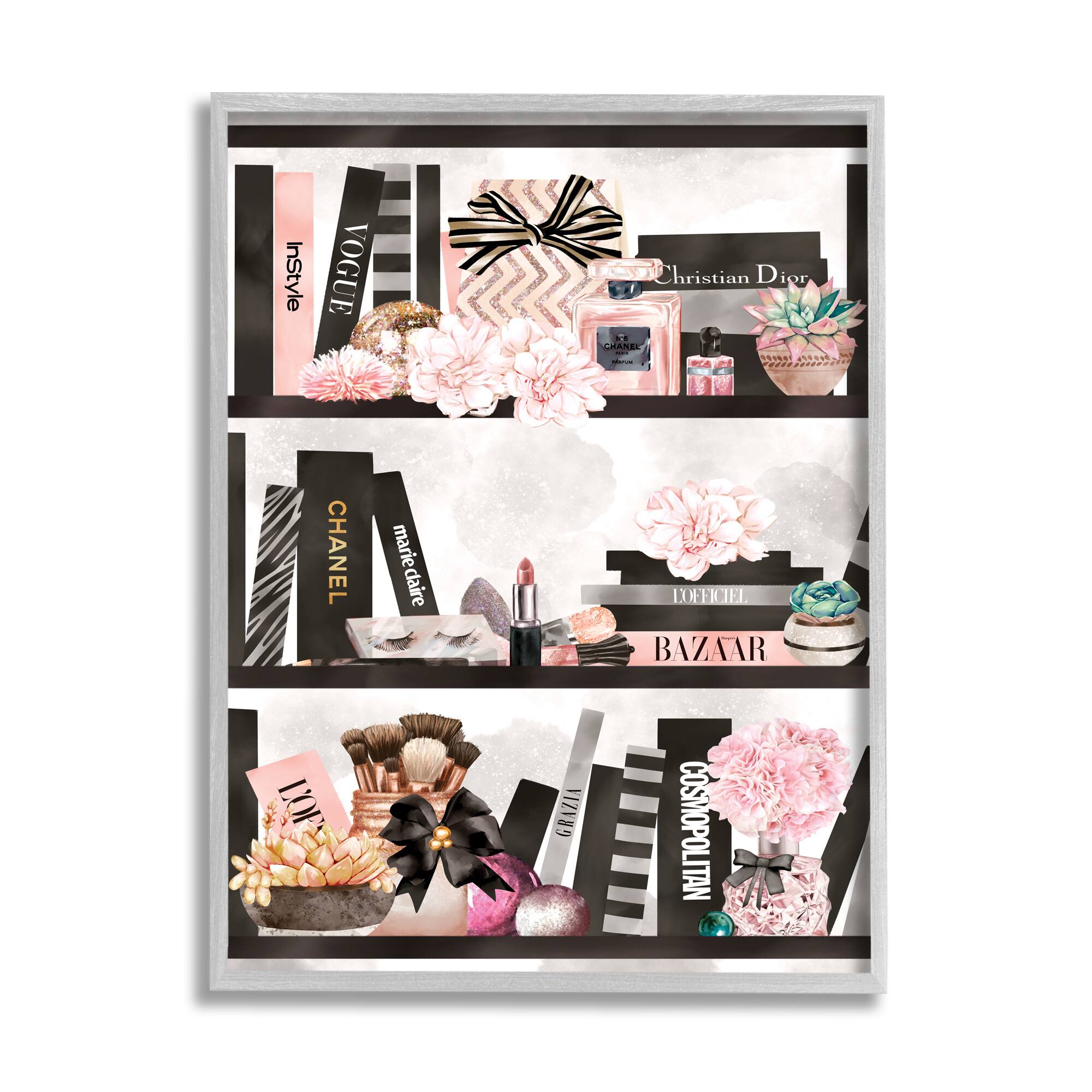 Stupell Industries Fashion Bookshelf Glam Cosmetic Accessories and Books in Gray Frame Wall Art